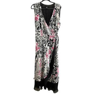ICE Beautiful Silk Wrap Dress 18 Midi Black Pink Floral Lined Lightweight #B04